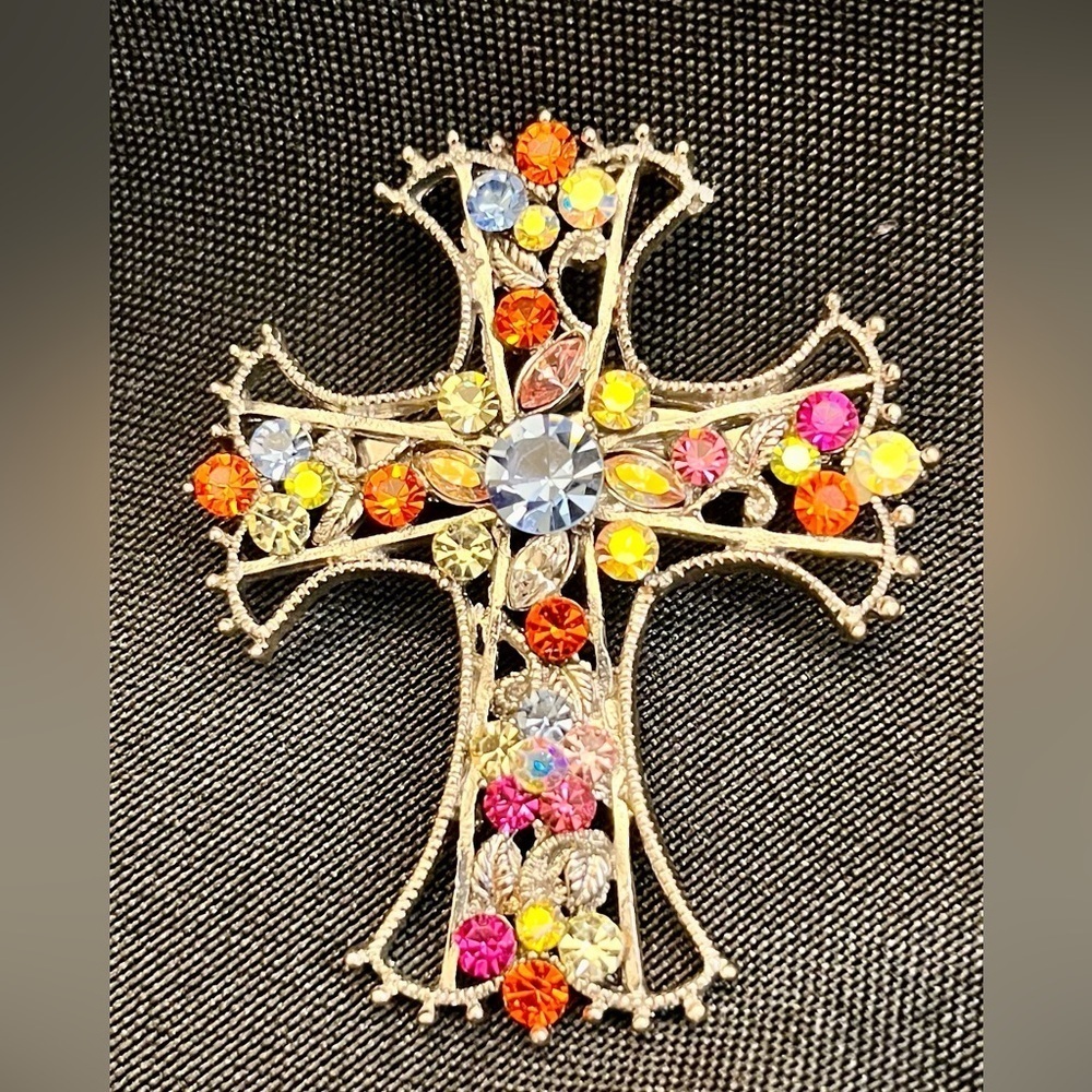 Vintage Silver Filigree Multicolor Rhinestone Cross Brooch Statement Pin MCM